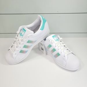 Adidas Superstar White Teal Fluffy Strips Casual Cute Sneakers size Women's 7.5